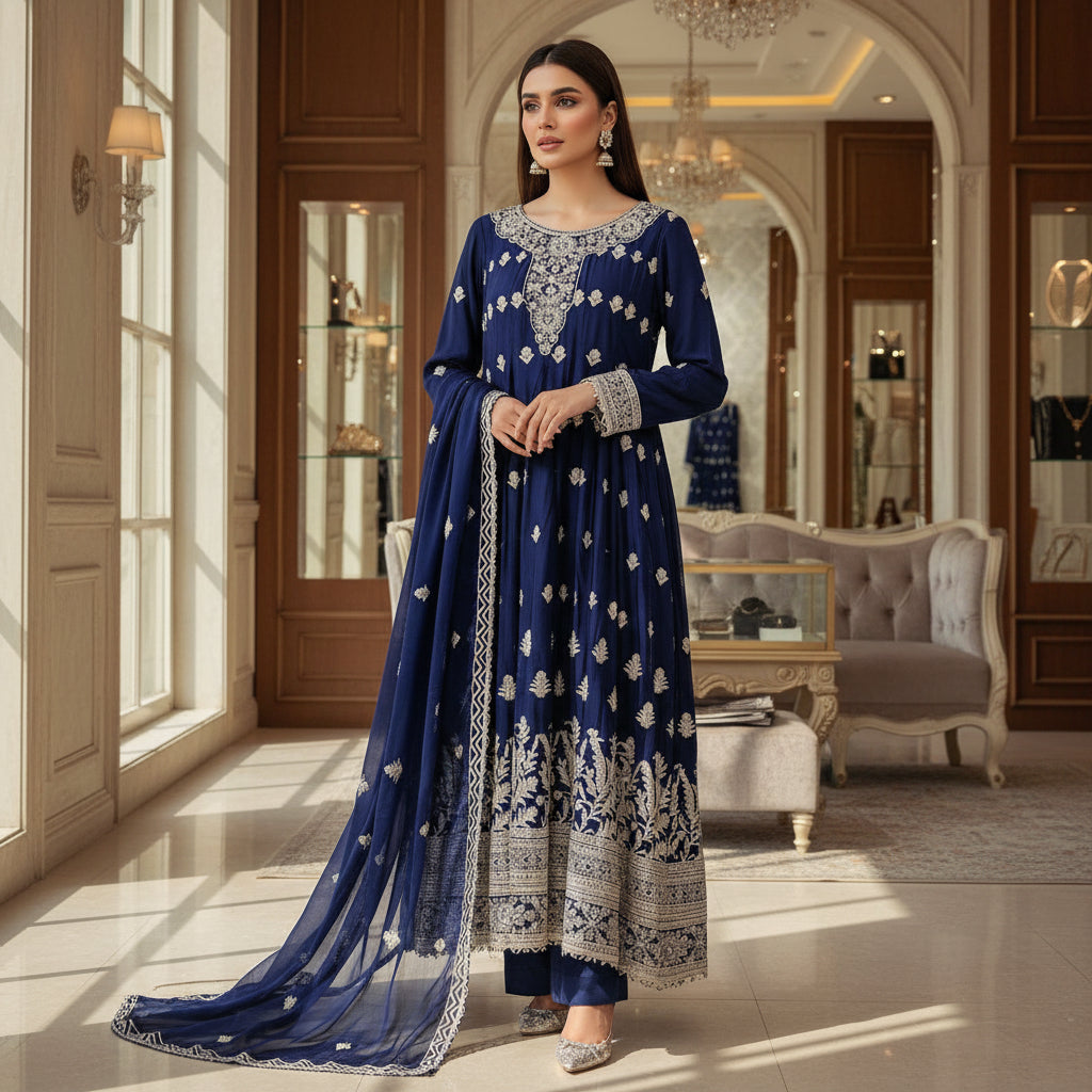 Royal Embroiderie | 4-Color Linen Viscose Embroidered Dress Set