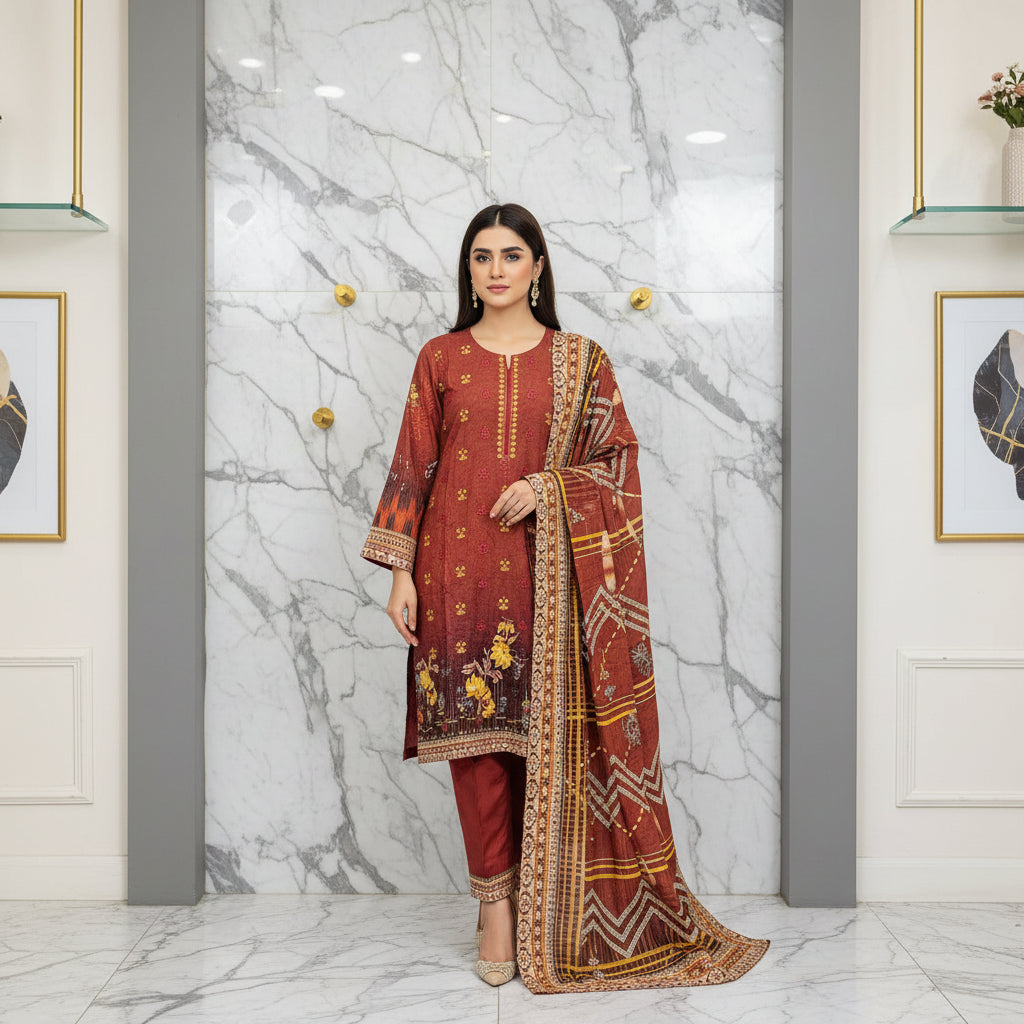 Embroidered Viscose Linen Shalwar Kameez – Red Maroon, Burnt Orange & Cadbury Purple