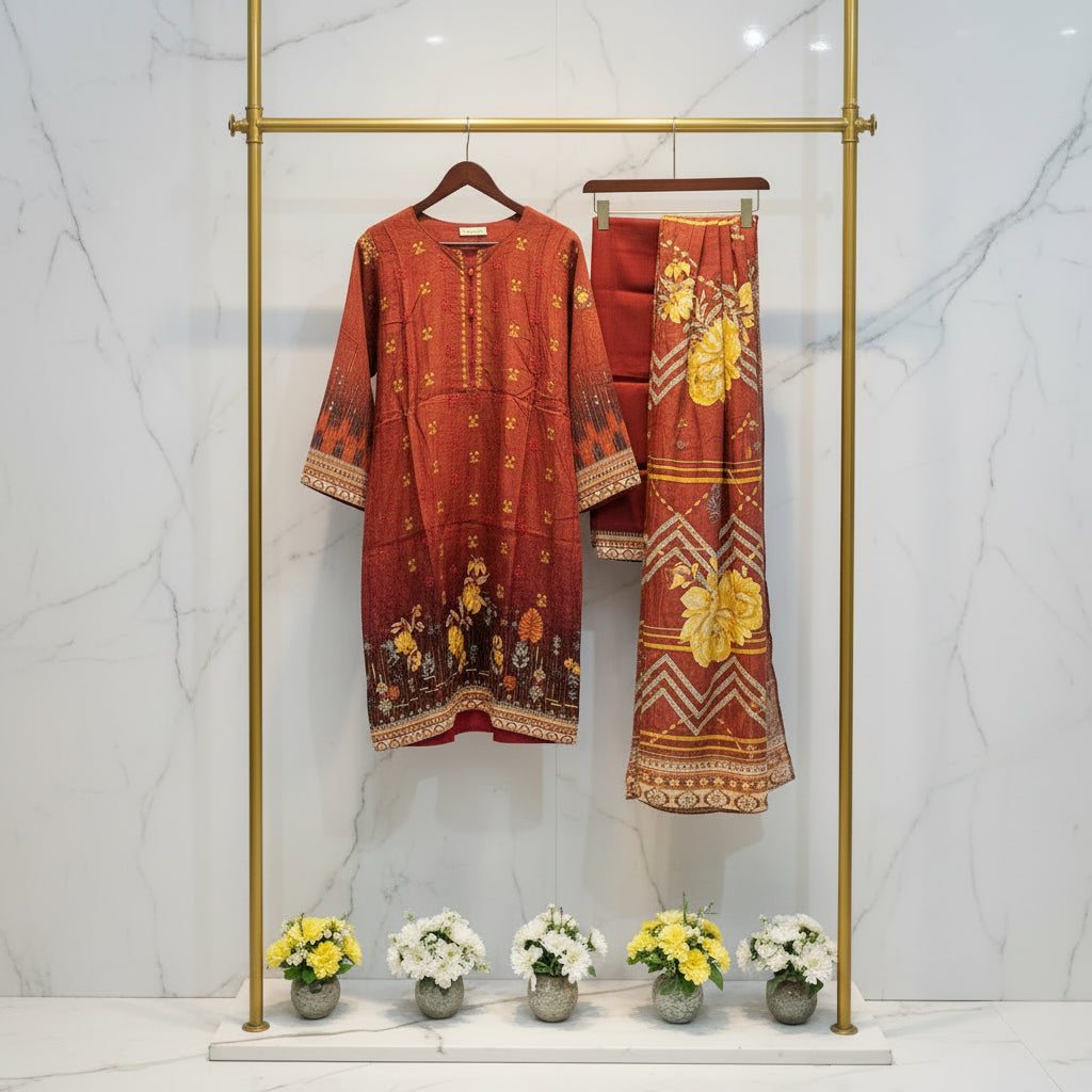Embroidered Viscose Linen Shalwar Kameez – Red Maroon, Burnt Orange & Cadbury Purple