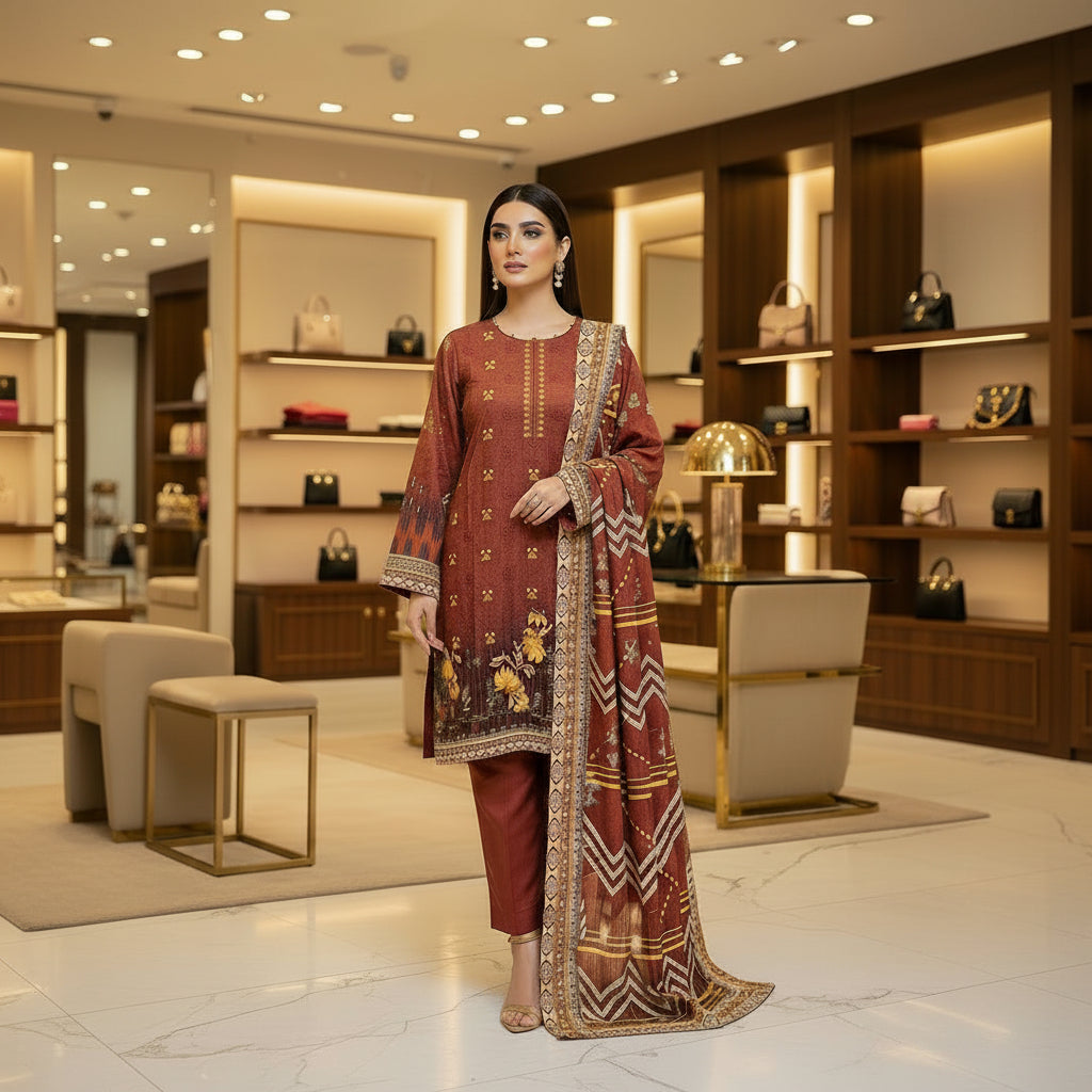 Embroidered Viscose Linen Shalwar Kameez – Red Maroon, Burnt Orange & Cadbury Purple