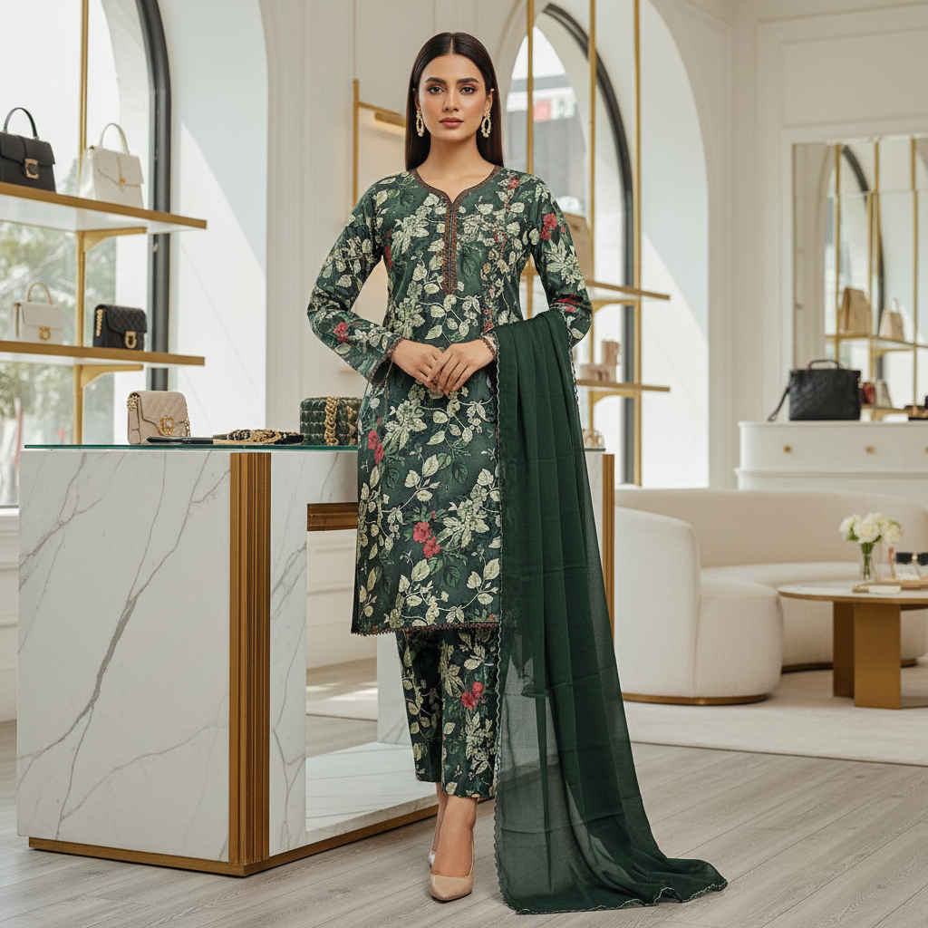 LM Printed Co-Ord Linen Shalwar Kameez – Deep Teal, Dark Forest Green & Dim Gray