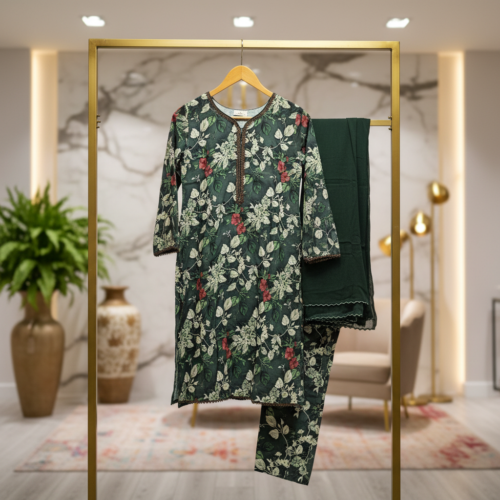 LM Printed Co-Ord Linen Shalwar Kameez – Deep Teal, Dark Forest Green & Dim Gray