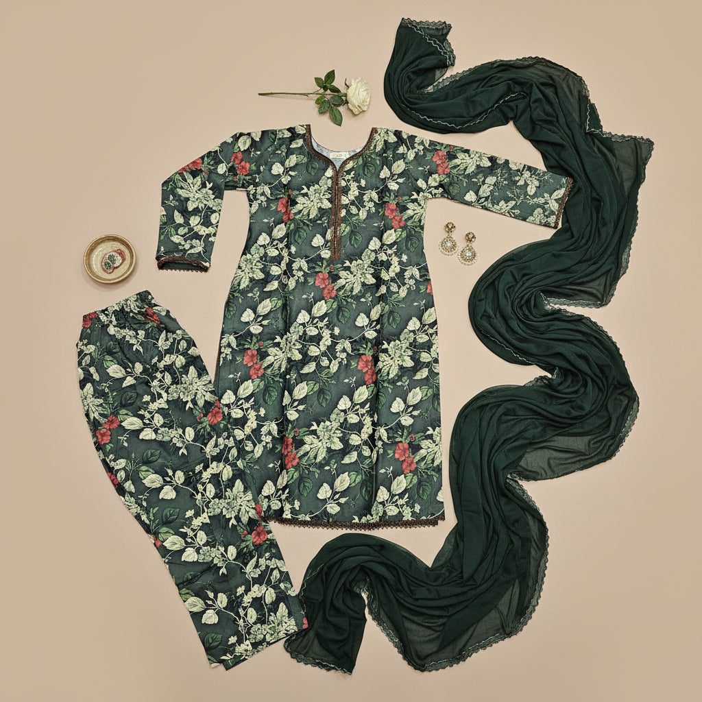 LM Printed Co-Ord Linen Shalwar Kameez – Deep Teal, Dark Forest Green & Dim Gray