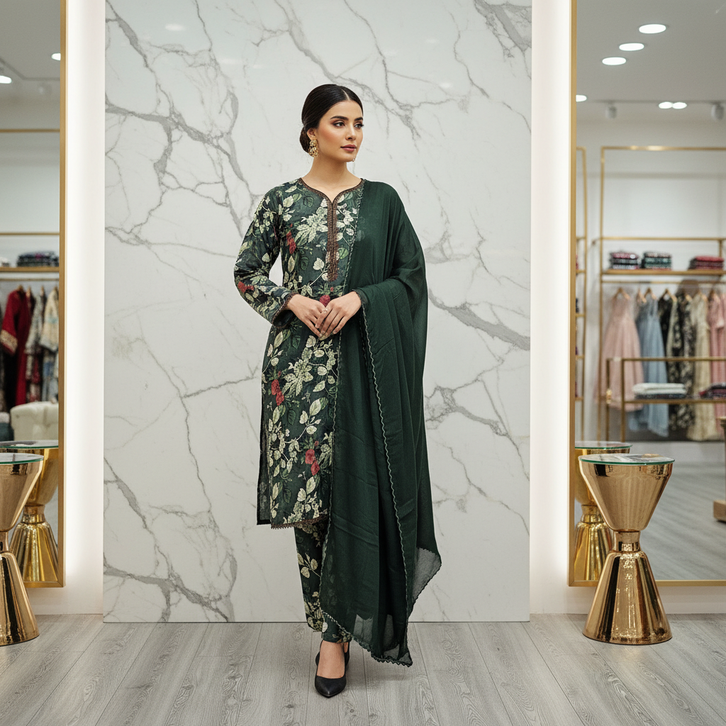 LM Printed Co-Ord Linen Shalwar Kameez – Deep Teal, Dark Forest Green & Dim Gray