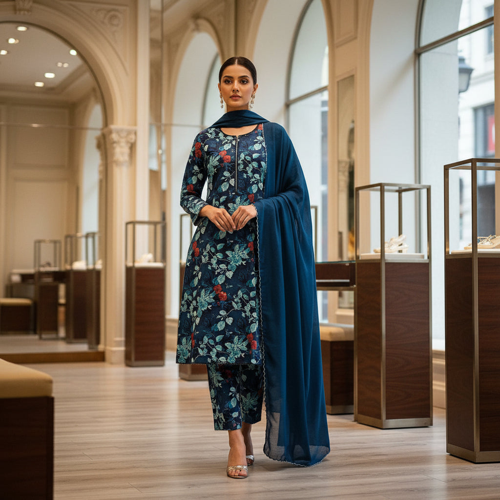 LM Printed Co-Ord Linen Shalwar Kameez – Deep Teal, Dark Forest Green & Dim Gray