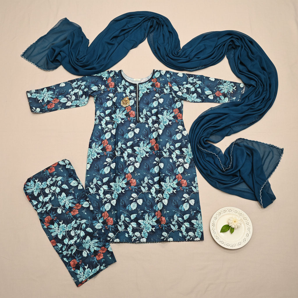 LM Printed Co-Ord Linen Shalwar Kameez – Deep Teal, Dark Forest Green & Dim Gray