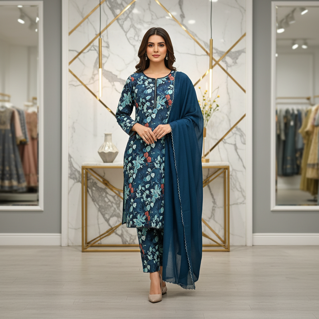 LM Printed Co-Ord Linen Shalwar Kameez – Deep Teal, Dark Forest Green & Dim Gray