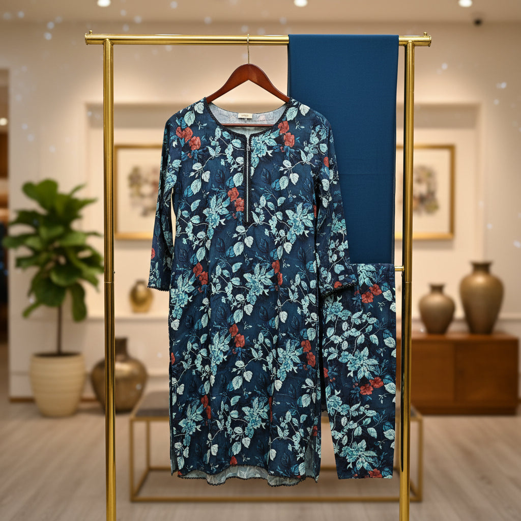 LM Printed Co-Ord Linen Shalwar Kameez – Deep Teal, Dark Forest Green & Dim Gray