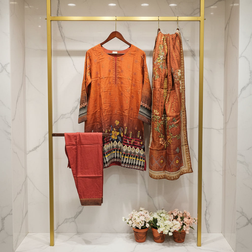 Embroidered Viscose Linen Shalwar Kameez – Red Maroon, Burnt Orange & Cadbury Purple