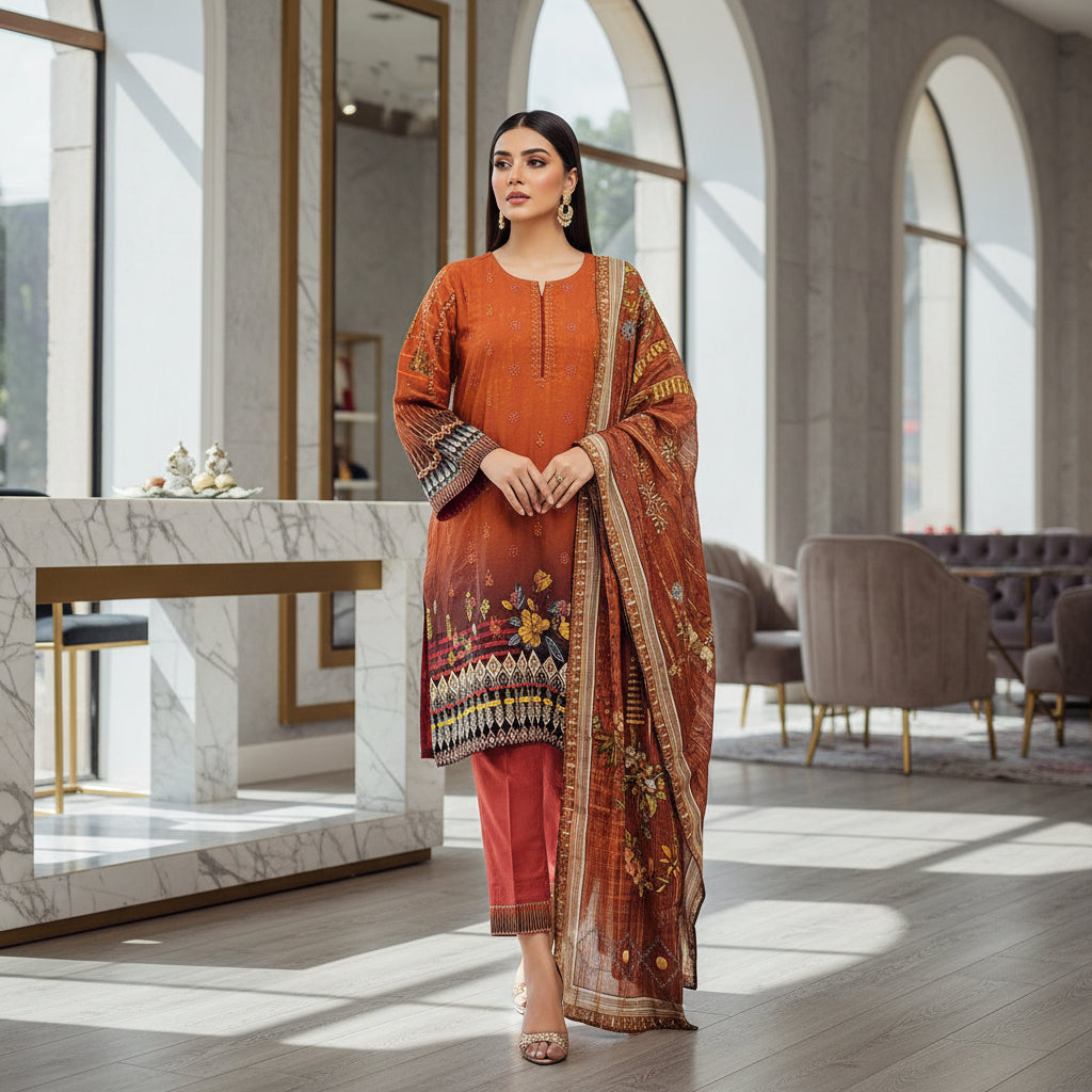 Embroidered Viscose Linen Shalwar Kameez – Red Maroon, Burnt Orange & Cadbury Purple