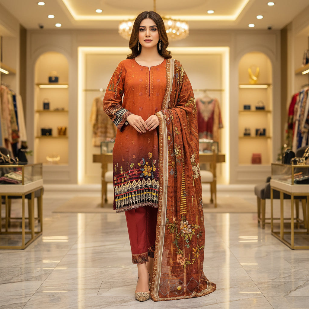 Embroidered Viscose Linen Shalwar Kameez – Red Maroon, Burnt Orange & Cadbury Purple