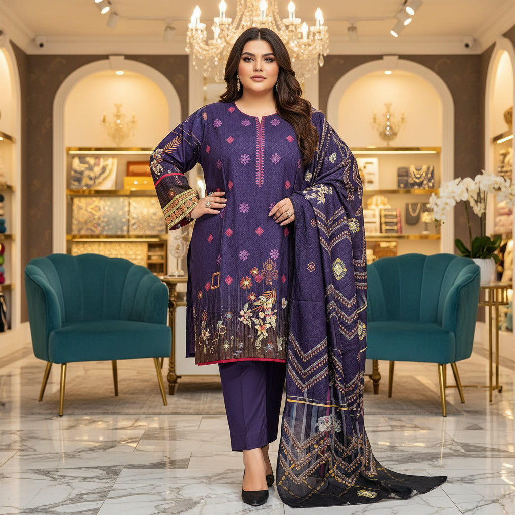 Embroidered Viscose Linen Shalwar Kameez – Red Maroon, Burnt Orange & Cadbury Purple