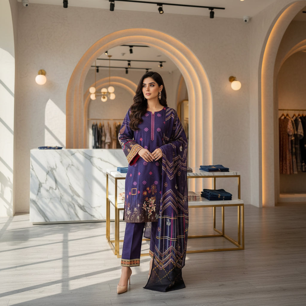 Embroidered Viscose Linen Shalwar Kameez – Red Maroon, Burnt Orange & Cadbury Purple