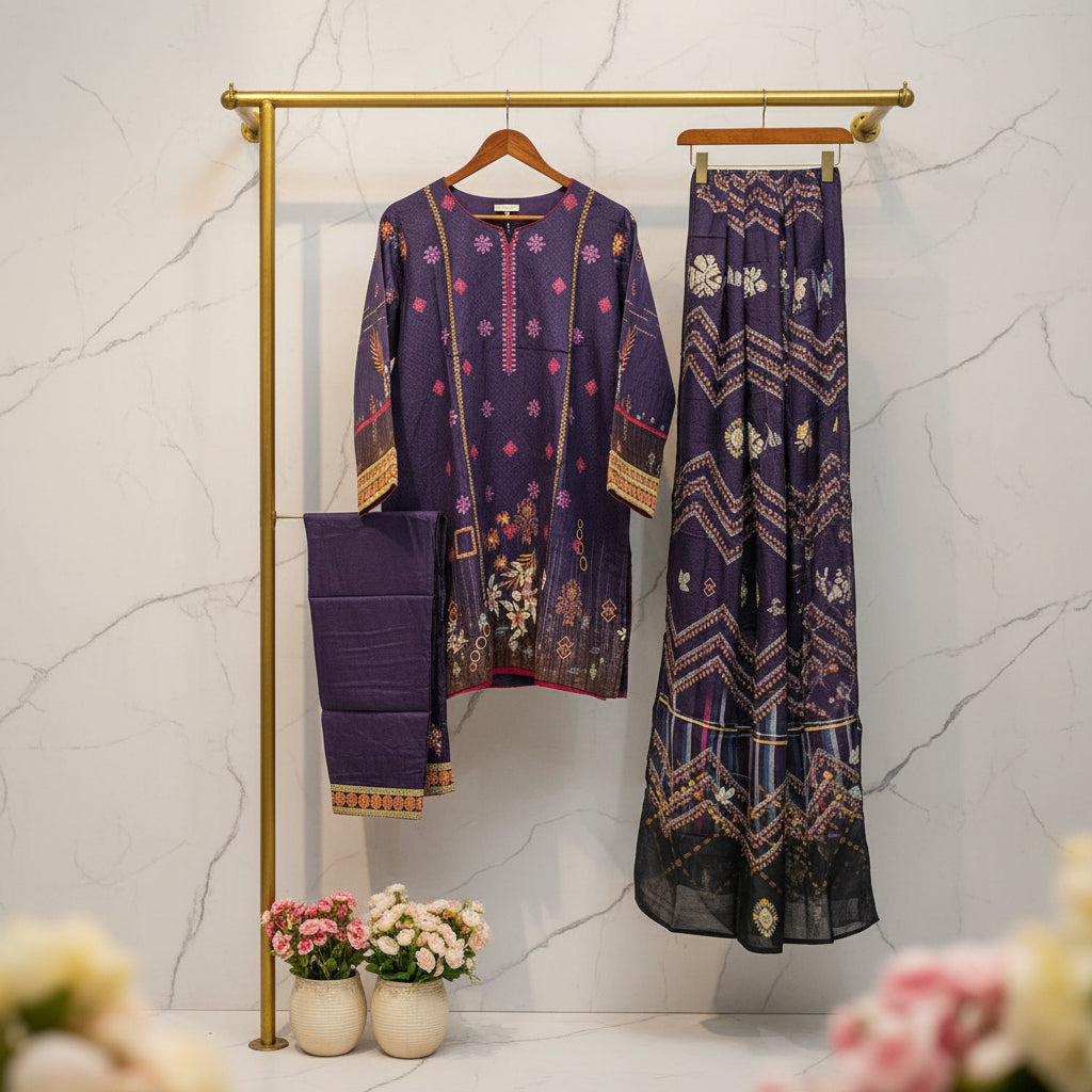 Embroidered Viscose Linen Shalwar Kameez – Red Maroon, Burnt Orange & Cadbury Purple