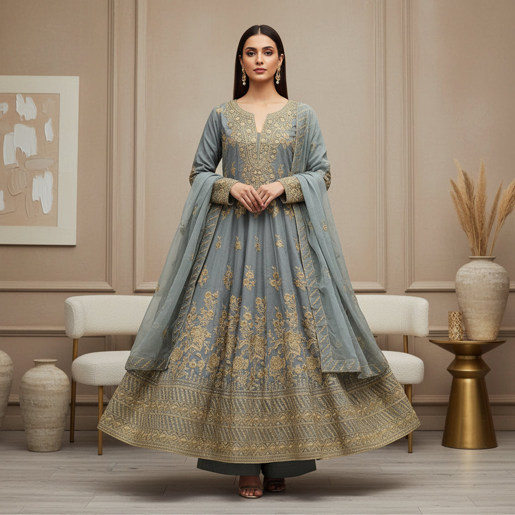 ETHN Embroidered Linen Viscose Festive Dress Set – Charcoal Grey, Soft Turquoise & Black