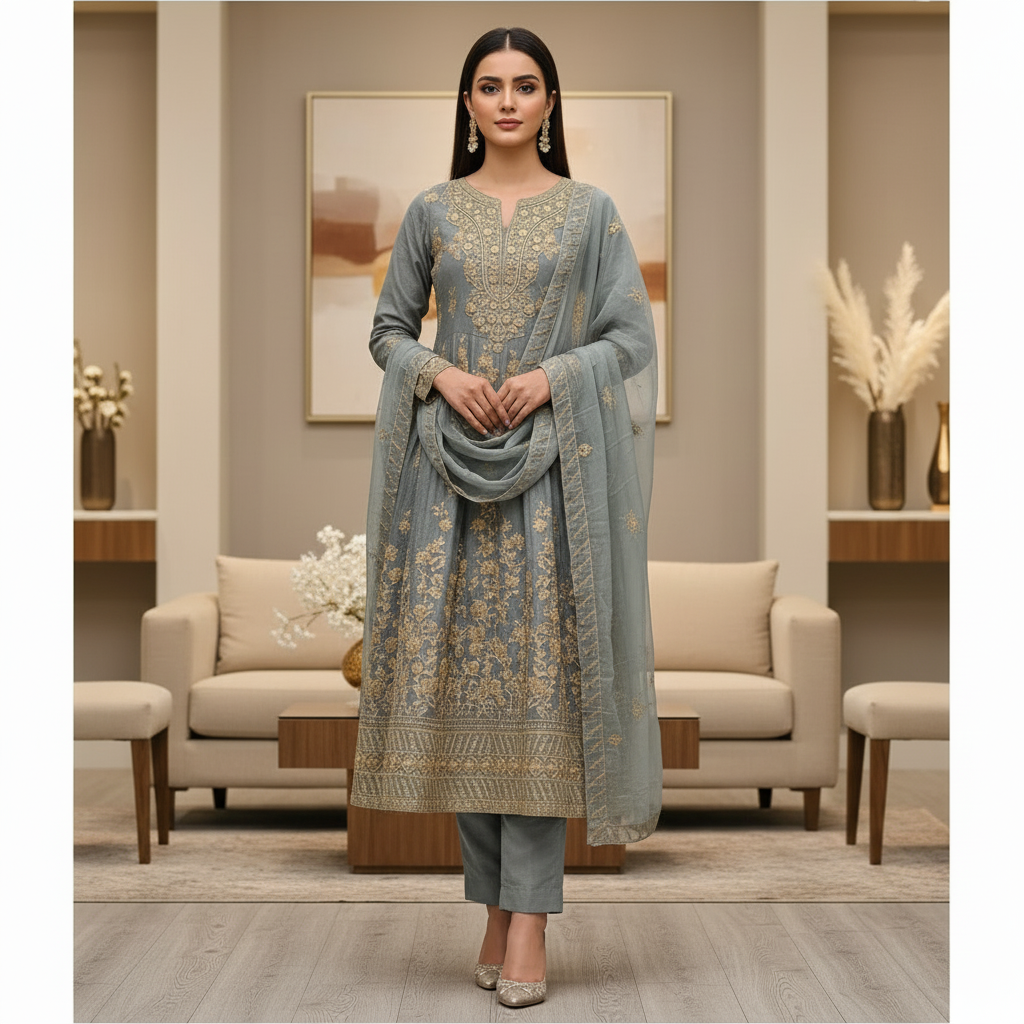 ETHN Embroidered Linen Viscose Festive Dress Set – Charcoal Grey, Soft Turquoise & Black