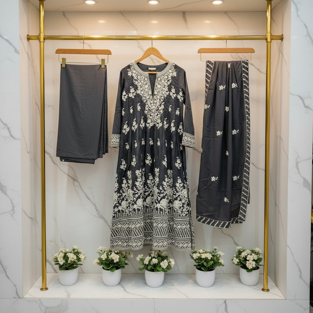 ETHN Embroidered Linen Viscose Festive Dress Set – Charcoal Grey, Soft Turquoise & Black