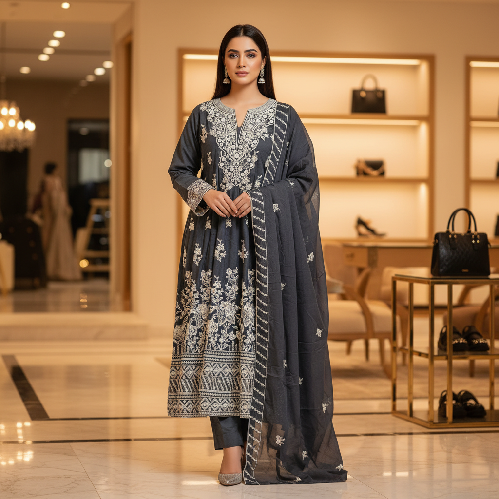 ETHN Embroidered Linen Viscose Festive Dress Set – Charcoal Grey, Soft Turquoise & Black