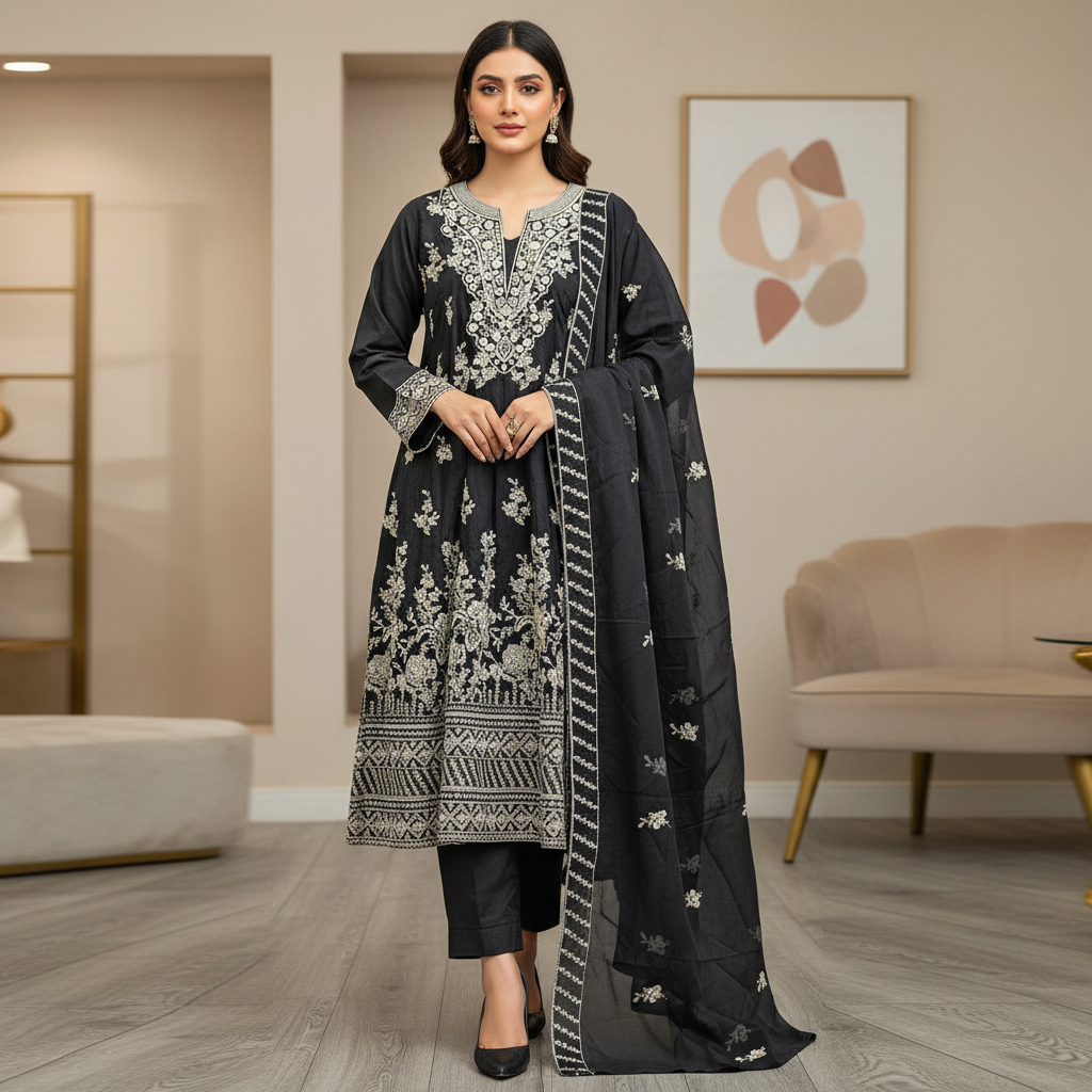 ETHN Embroidered Linen Viscose Festive Dress Set – Charcoal Grey, Soft Turquoise & Black