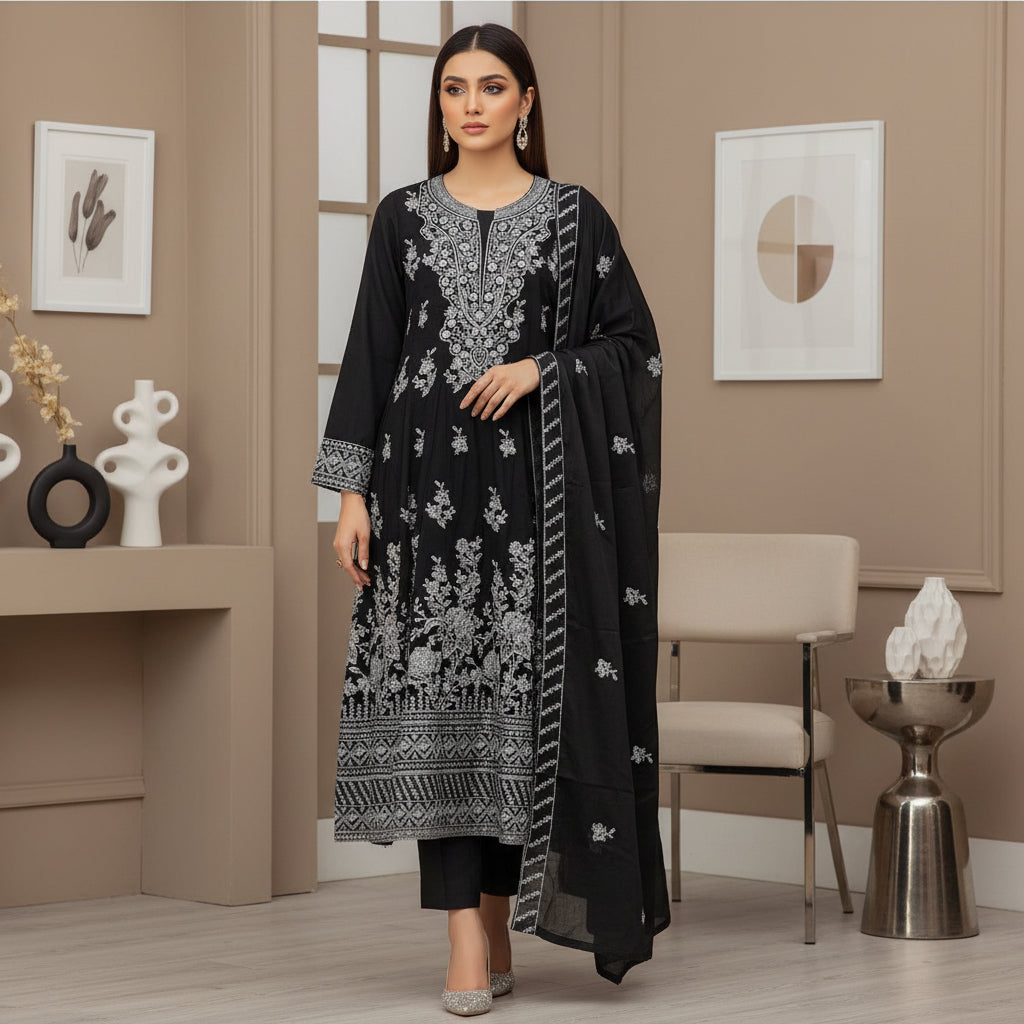 ETHN Embroidered Linen Viscose Festive Dress Set – Charcoal Grey, Soft Turquoise & Black