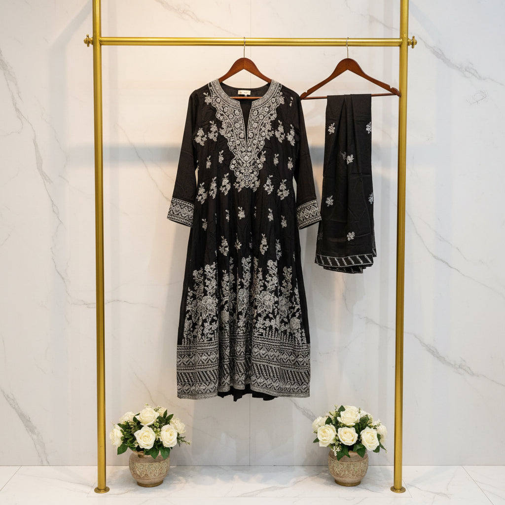 ETHN Embroidered Linen Viscose Festive Dress Set – Charcoal Grey, Soft Turquoise & Black