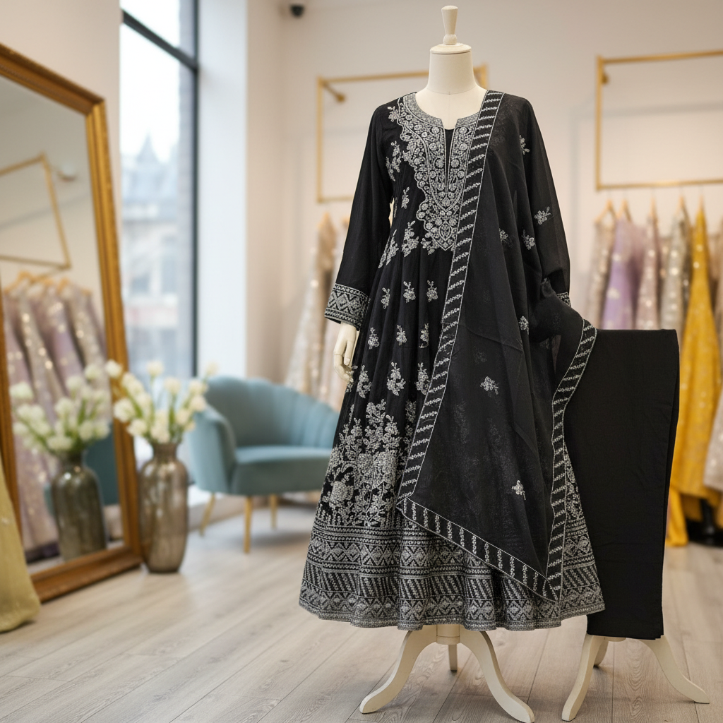 ETHN Embroidered Linen Viscose Festive Dress Set – Charcoal Grey, Soft Turquoise & Black