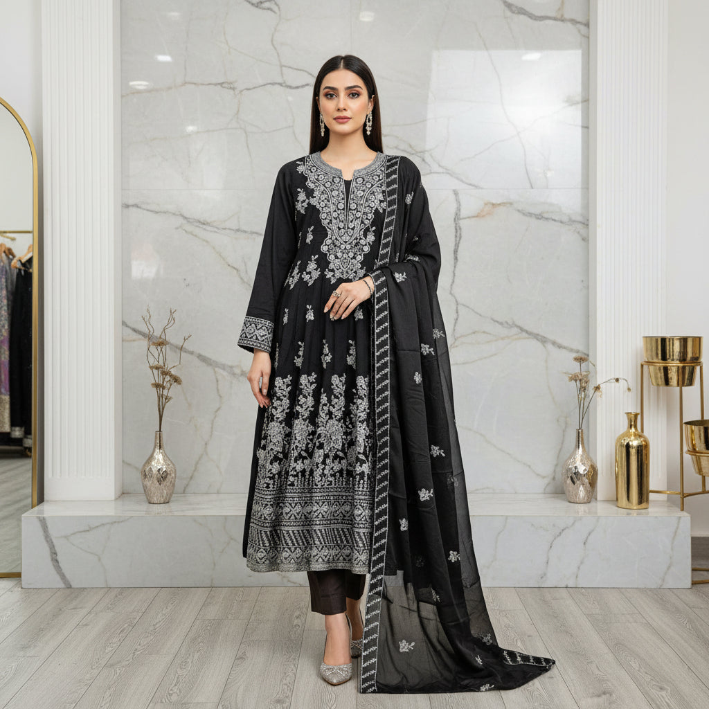 ETHN Embroidered Linen Viscose Festive Dress Set – Charcoal Grey, Soft Turquoise & Black