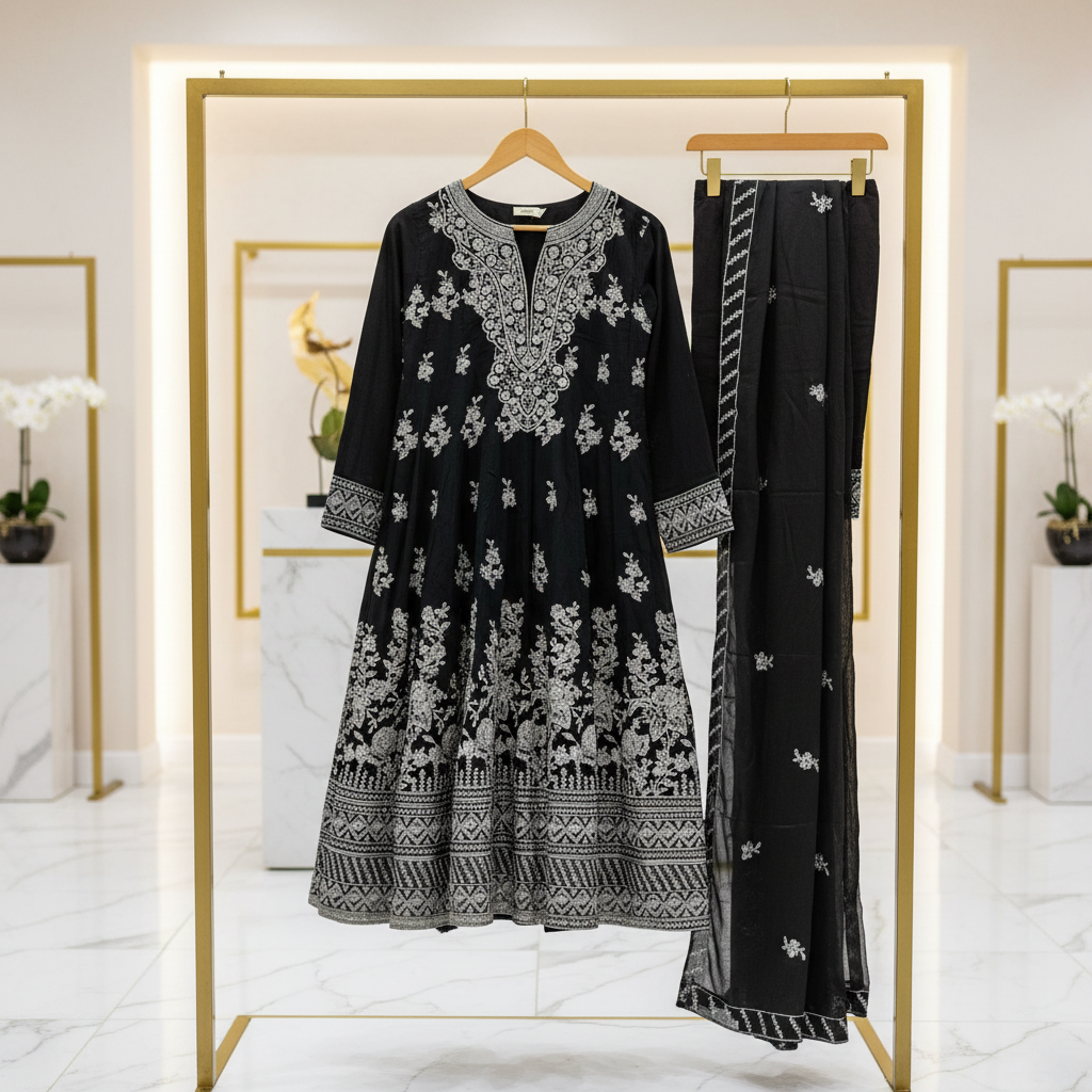 ETHN Embroidered Linen Viscose Festive Dress Set – Charcoal Grey, Soft Turquoise & Black