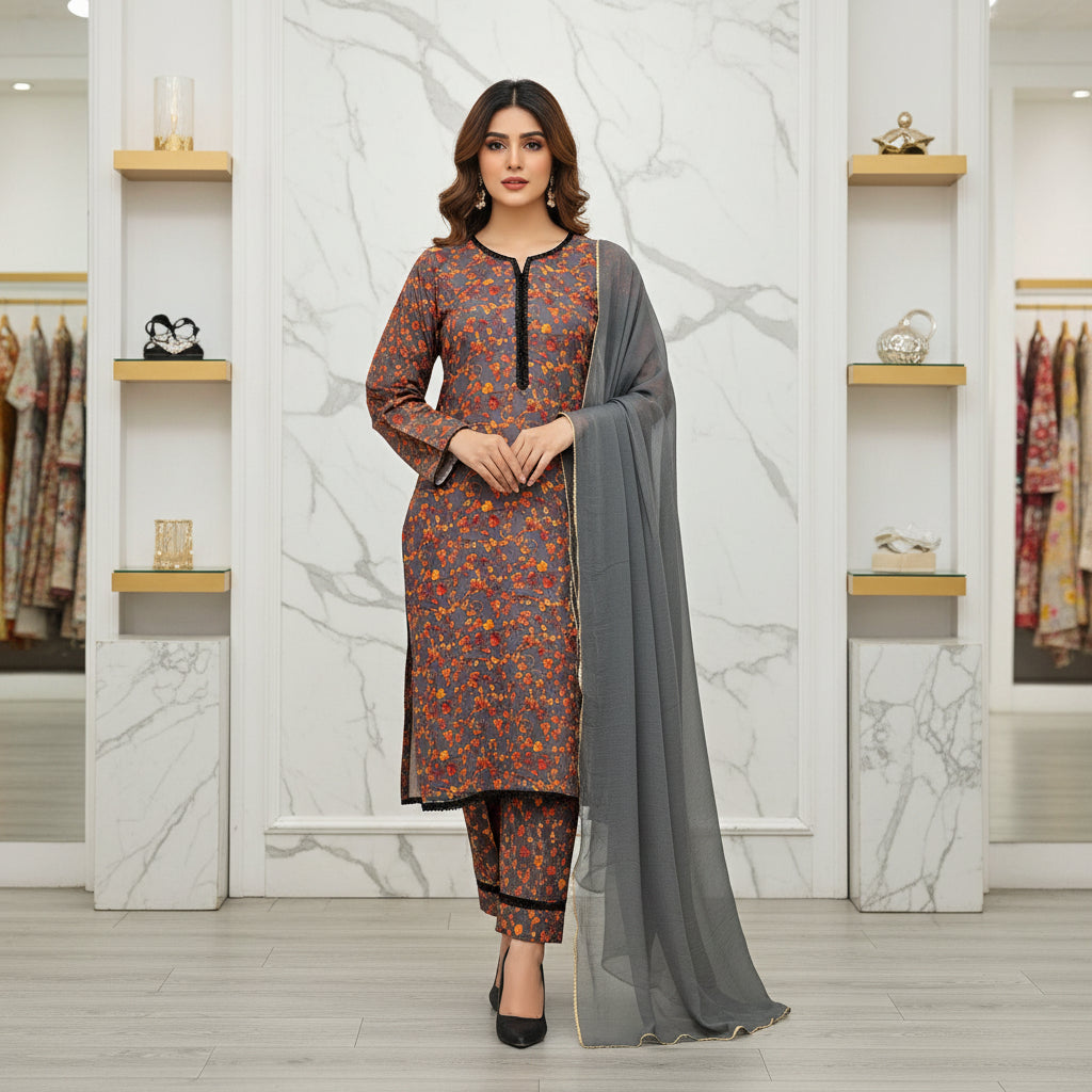 LM Printed Co-Ord Linen Shalwar Kameez – Deep Teal, Dark Forest Green & Dim Gray