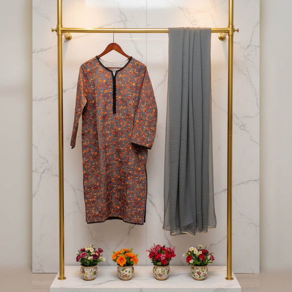 LM Printed Co-Ord Linen Shalwar Kameez – Deep Teal, Dark Forest Green & Dim Gray