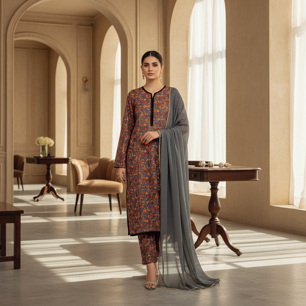 LM Printed Co-Ord Linen Shalwar Kameez – Deep Teal, Dark Forest Green & Dim Gray