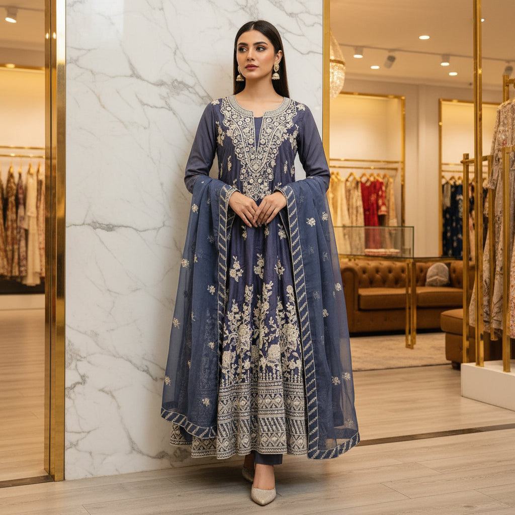 ETHN Embroidered Linen Viscose Festive Dress Set – Charcoal Grey, Soft Turquoise & Black