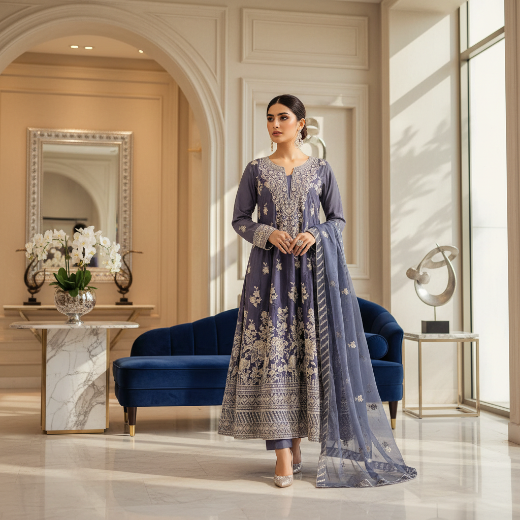 ETHN Embroidered Linen Viscose Festive Dress Set – Charcoal Grey, Soft Turquoise & Black