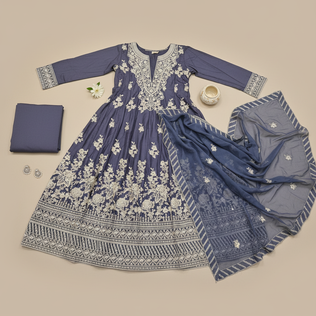 ETHN Embroidered Linen Viscose Festive Dress Set – Charcoal Grey, Soft Turquoise & Black