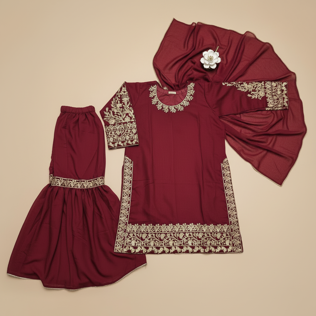 MEH Raspberry Maroon Chiffon Sharara Suit – Elegant Embroidered Festive Ensemble