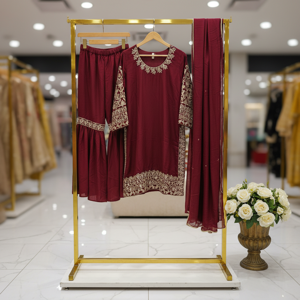 MEH Raspberry Maroon Chiffon Sharara Suit – Elegant Embroidered Festive Ensemble