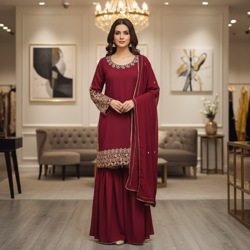 MEH Raspberry Maroon Chiffon Sharara Suit – Elegant Embroidered Festive Ensemble
