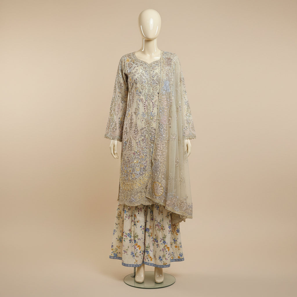 HuR Coffee Cream Hand Embellished Organza Sharara Suit – Luxury Wedding Ensemble