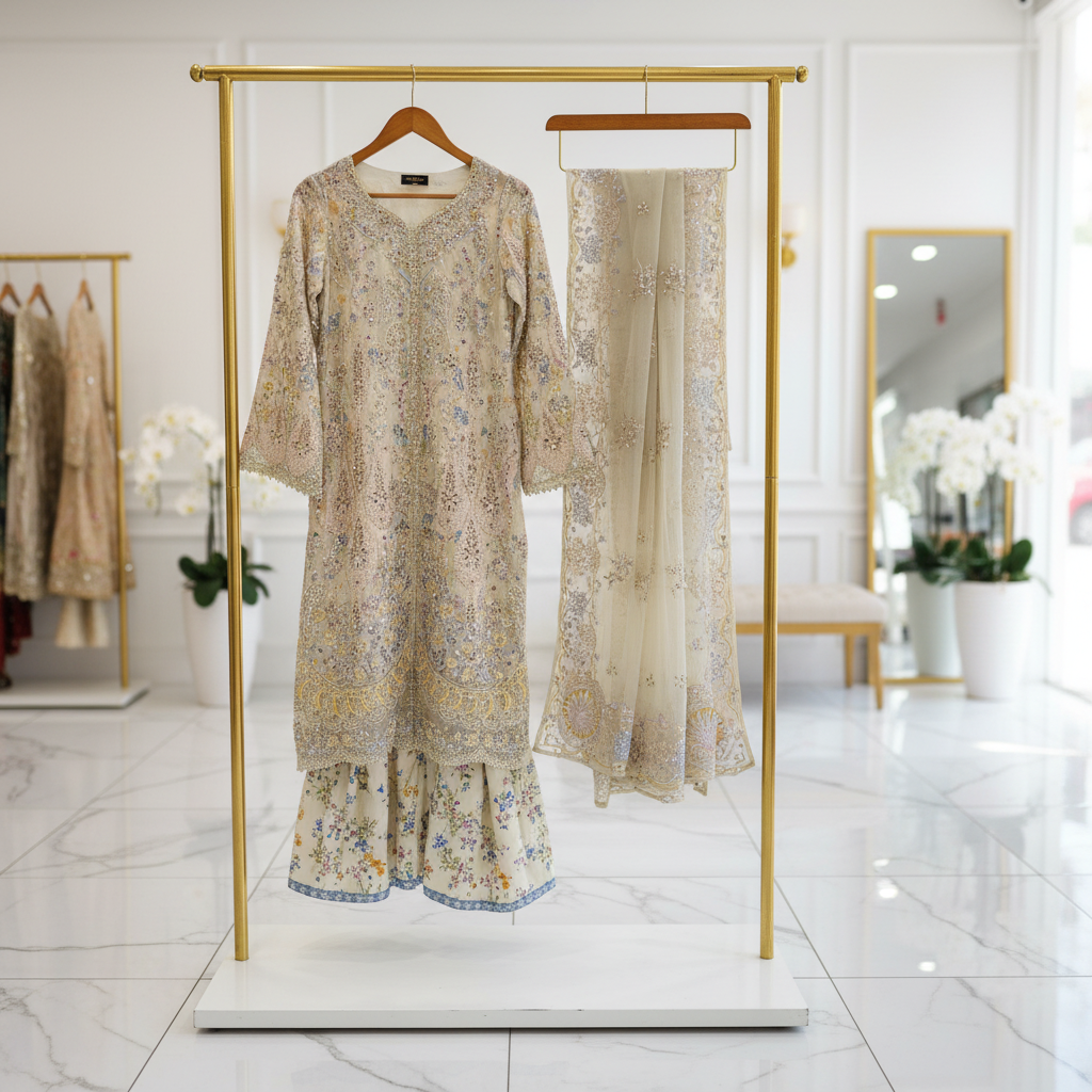 HuR Coffee Cream Hand Embellished Organza Sharara Suit – Luxury Wedding Ensemble