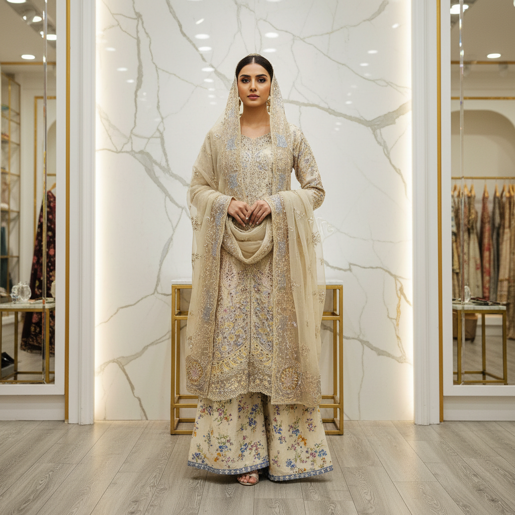 HuR Coffee Cream Hand Embellished Organza Sharara Suit – Luxury Wedding Ensemble