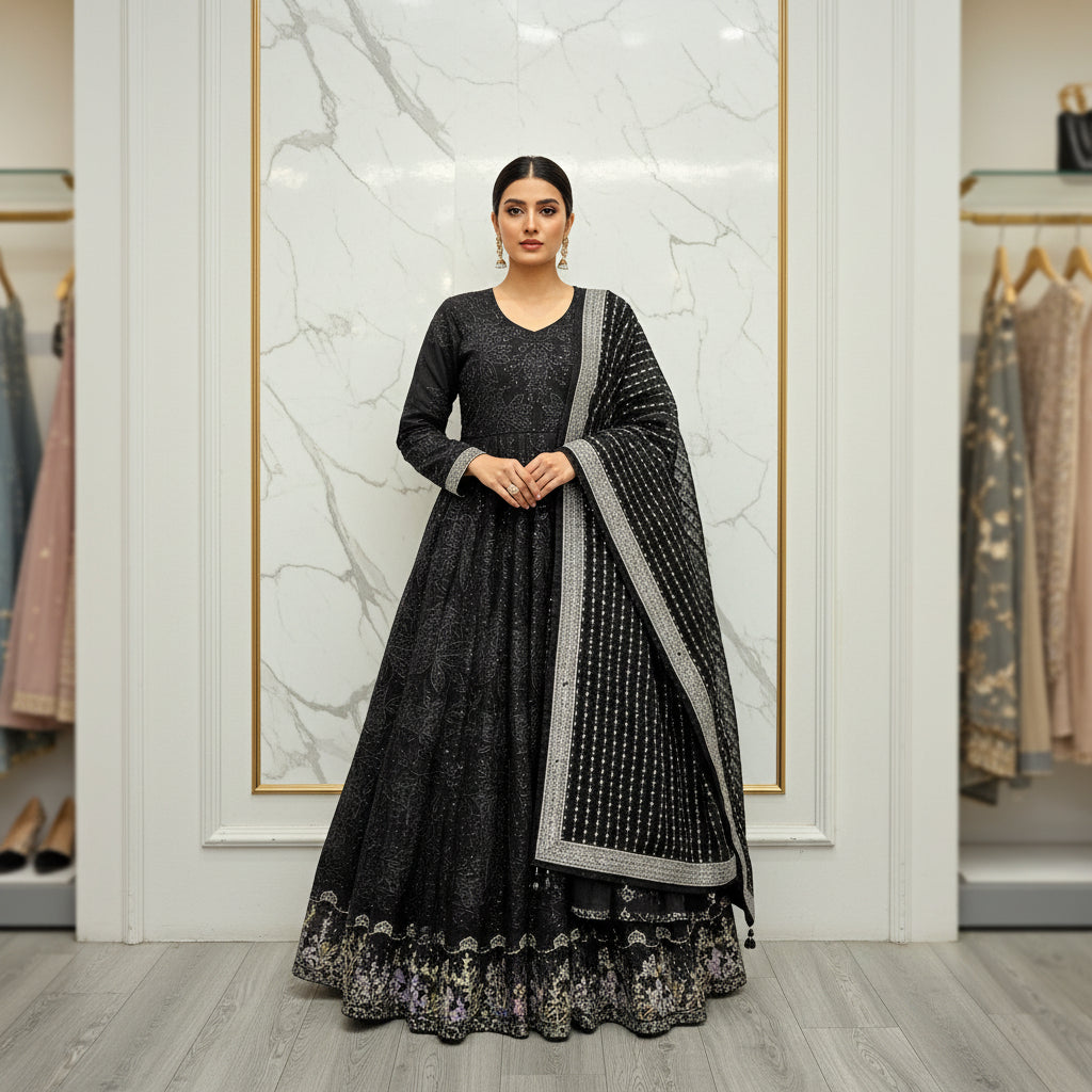 MB Black on Black Pearl & Bead Embellished Chiffon Long Dress – Luxury Evening Gown