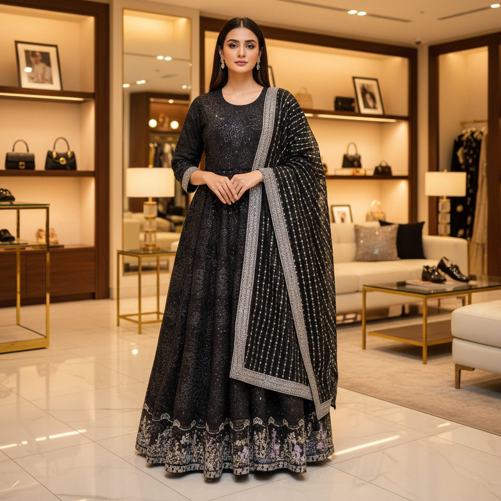 MB Black on Black Pearl & Bead Embellished Chiffon Long Dress – Luxury Evening Gown