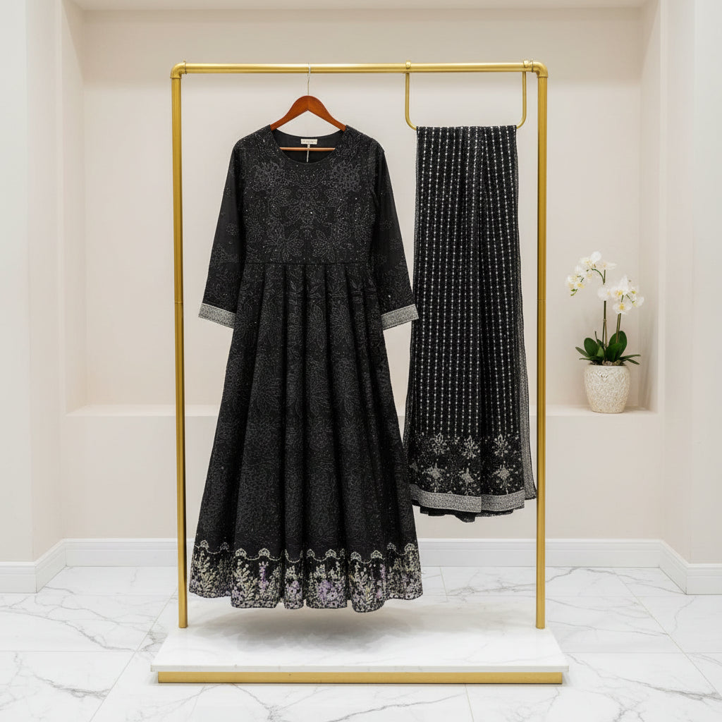 MB Black on Black Pearl & Bead Embellished Chiffon Long Dress – Luxury Evening Gown