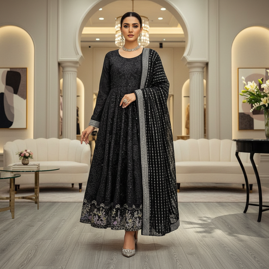 MB Black on Black Pearl & Bead Embellished Chiffon Long Dress – Luxury Evening Gown