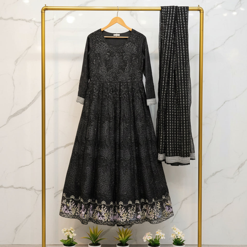 MB Black on Black Pearl & Bead Embellished Chiffon Long Dress – Luxury Evening Gown
