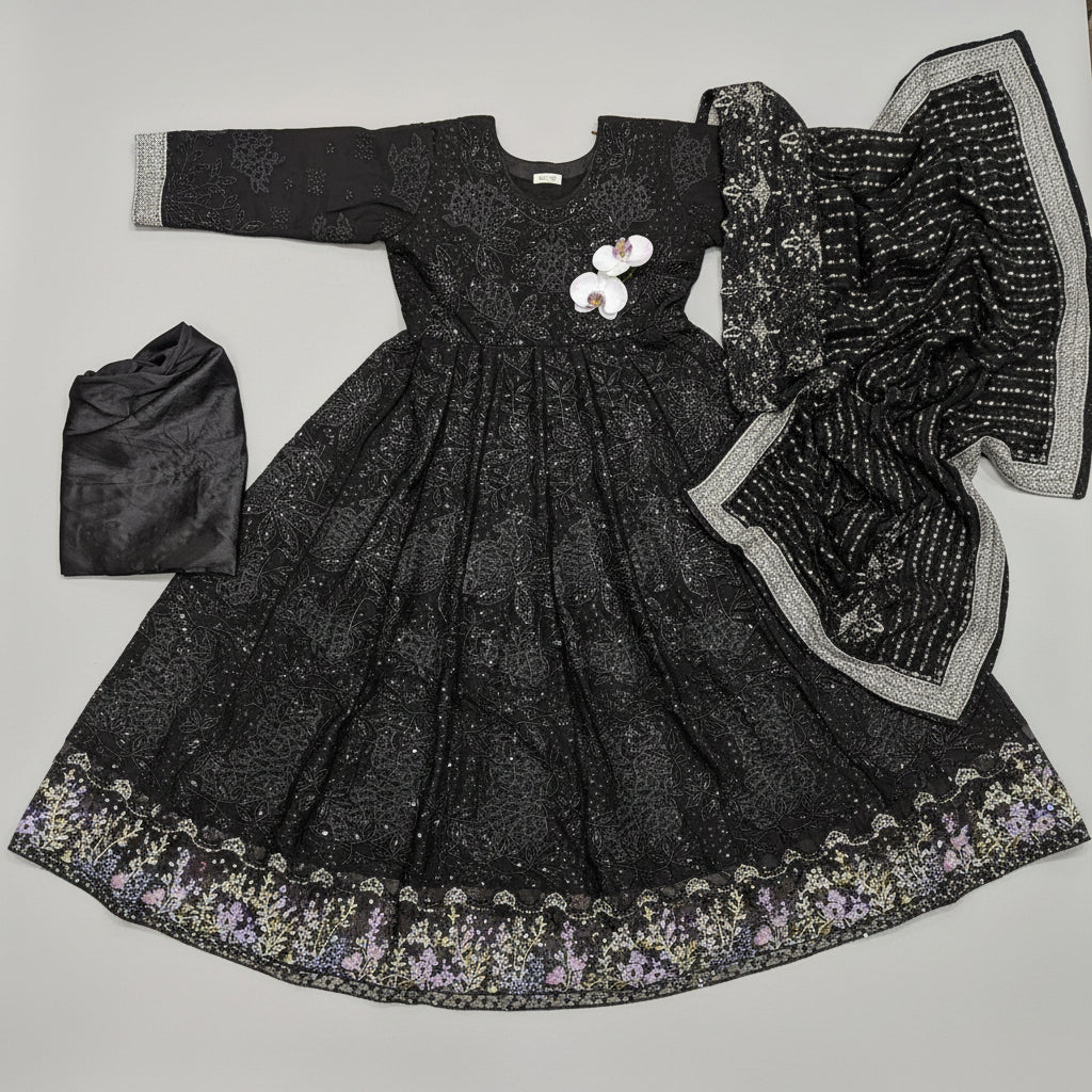 MB Black on Black Pearl & Bead Embellished Chiffon Long Dress – Luxury Evening Gown