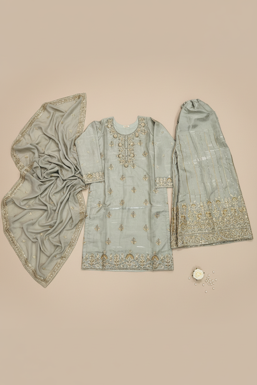 INK Minted Sage Green Pure Shimmer Silk Hand Embellished Sharara Suit – Pearl and Gold Zari Embroidery