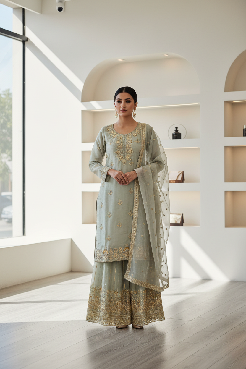 INK Minted Sage Green Pure Shimmer Silk Hand Embellished Sharara Suit – Pearl and Gold Zari Embroidery