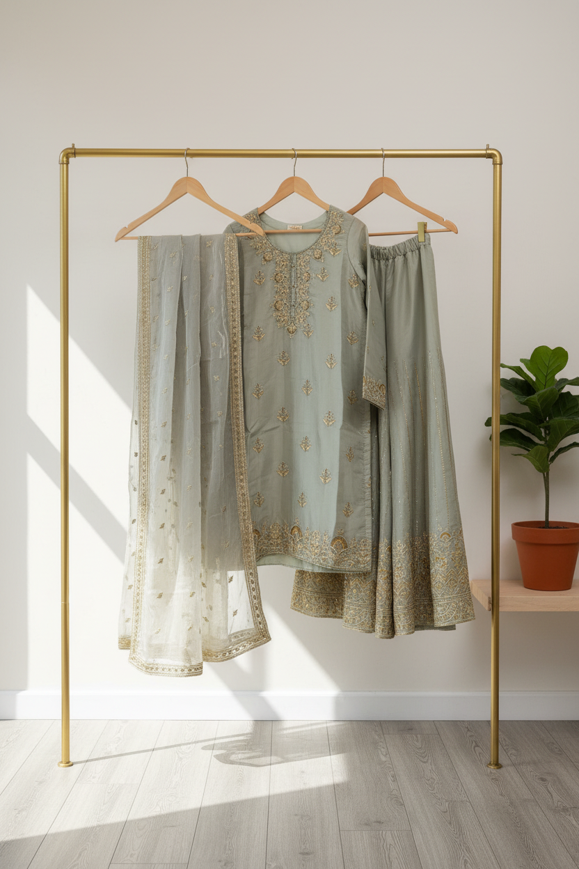 INK Minted Sage Green Pure Shimmer Silk Hand Embellished Sharara Suit – Pearl and Gold Zari Embroidery