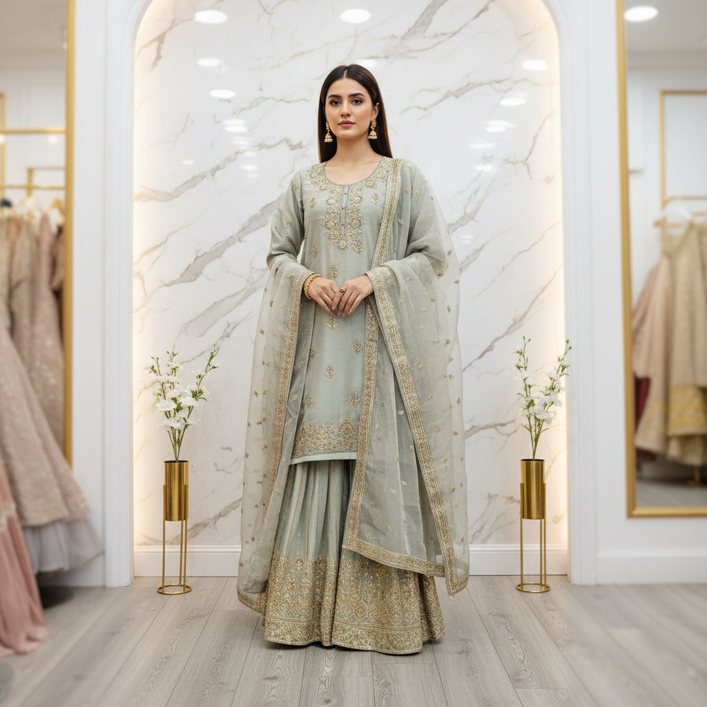 INK Minted Sage Green Pure Shimmer Silk Hand Embellished Sharara Suit – Pearl and Gold Zari Embroidery